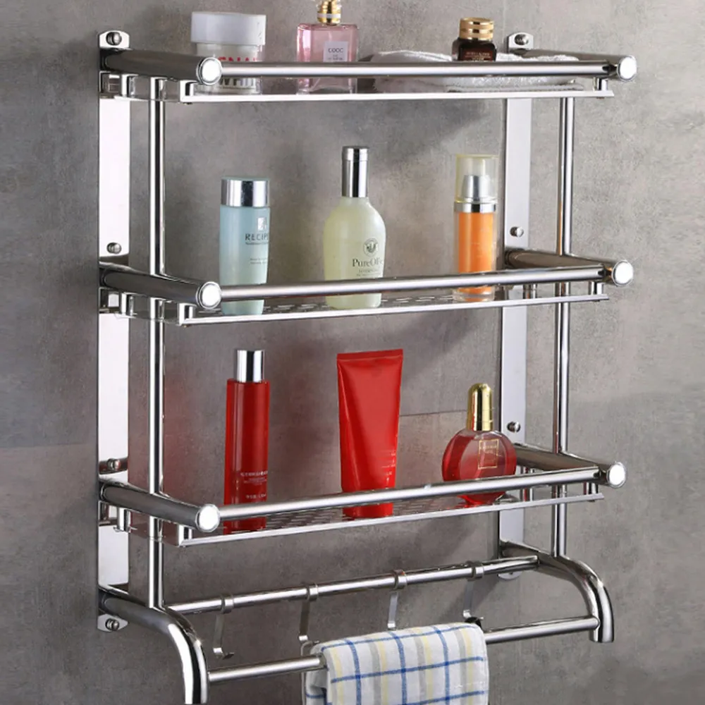 3-Tier Wall Mounted Towel Rail with Shelf and Hooks - Silver
