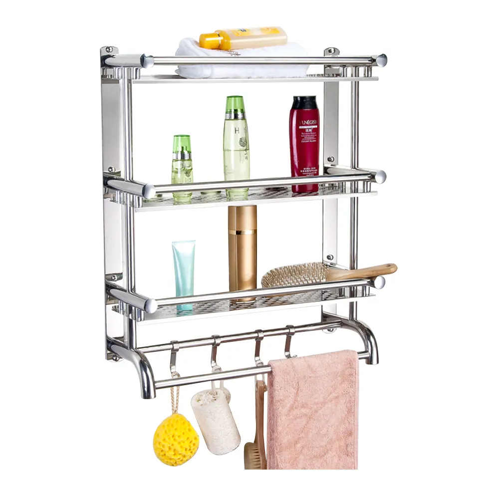 3-Tier Wall Mounted Towel Rail with Shelf and Hooks - Silver