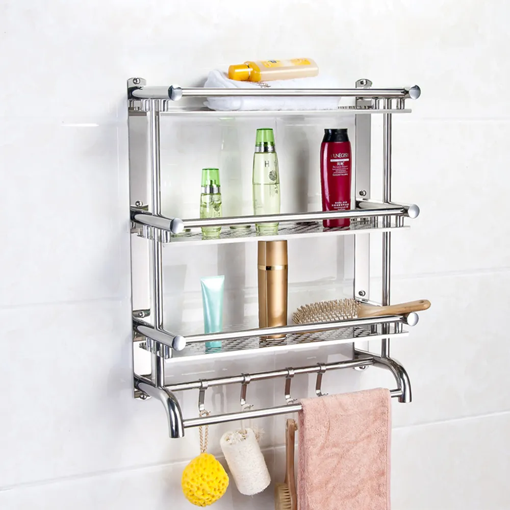 3-Tier Wall Mounted Towel Rail with Shelf and Hooks - Silver