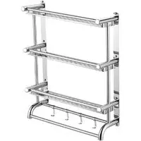 3-Tier Wall Mounted Towel Rail with Shelf and Hooks - Silver
