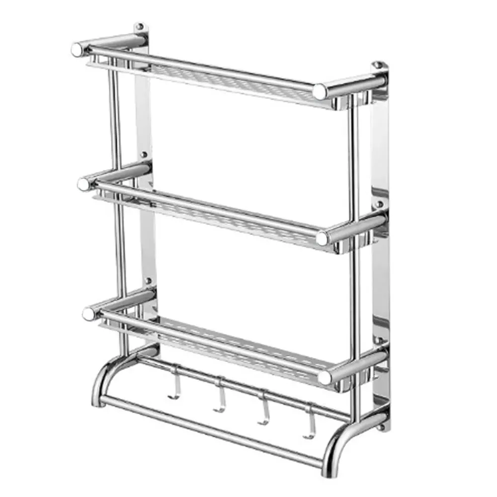3-Tier Wall Mounted Towel Rail with Shelf and Hooks - Silver