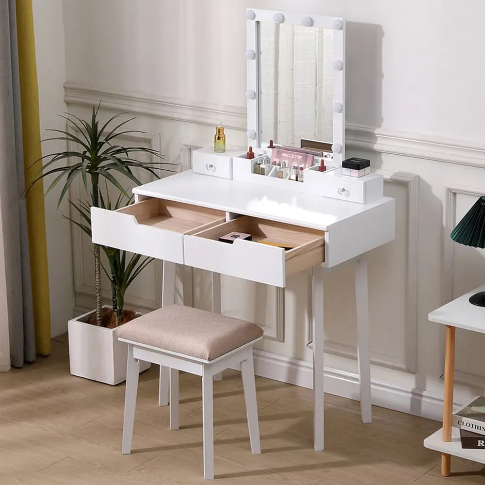 4 Drawer Vanity Dressing Table Set with LED Mirror - White image