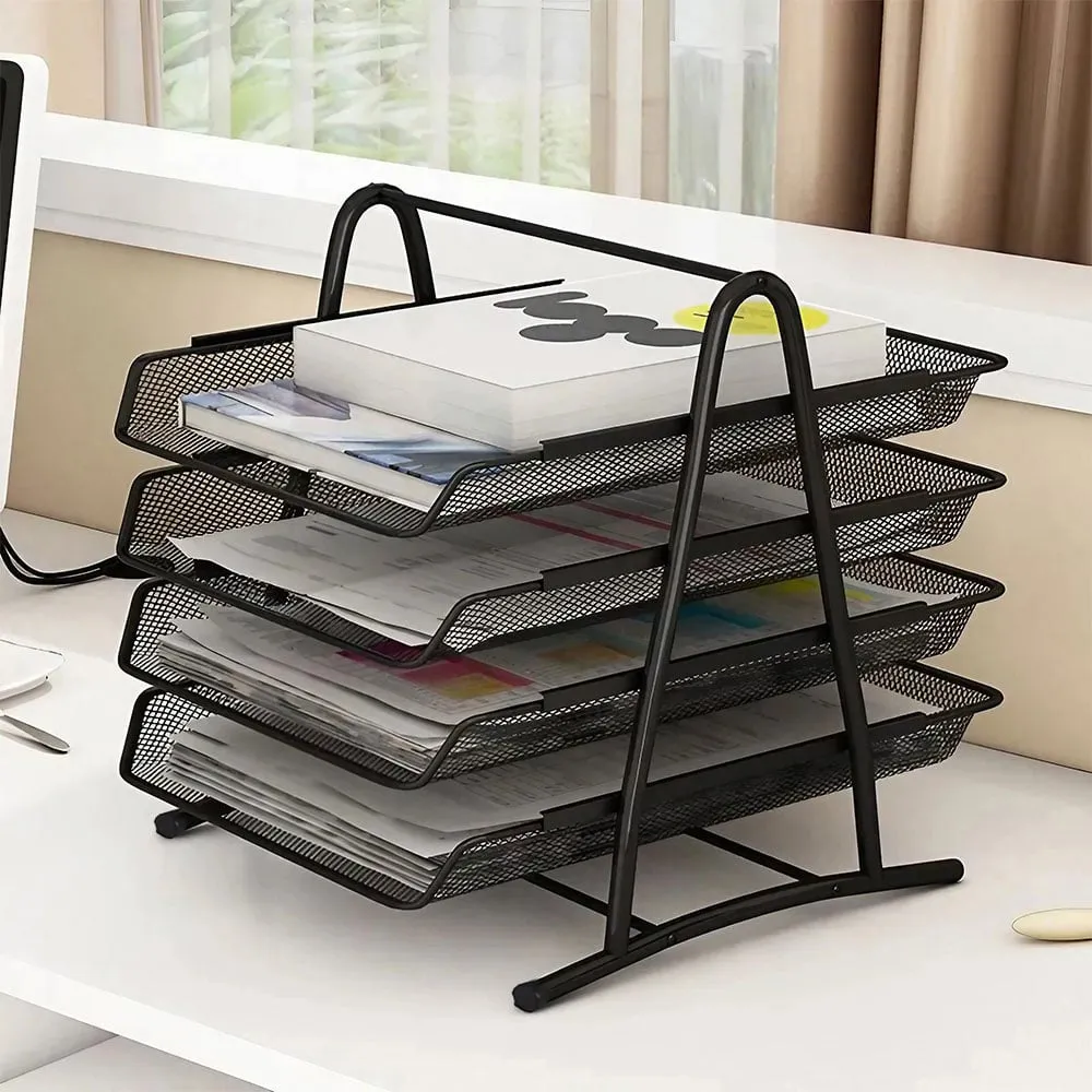 4 Tier File Holder Tray Rack - Black, Metal