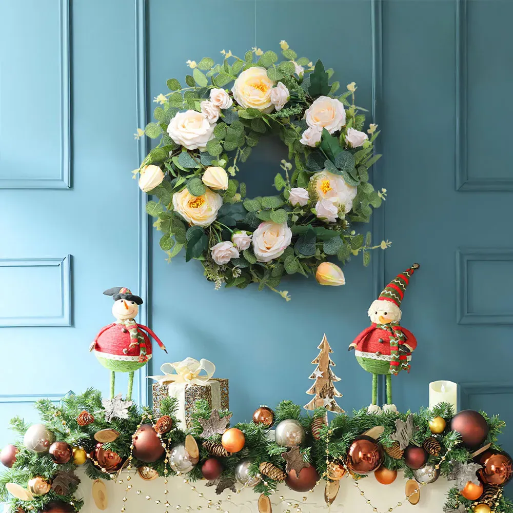 40cm Camellia Eucalyptus Artificial Wreath - White, Green