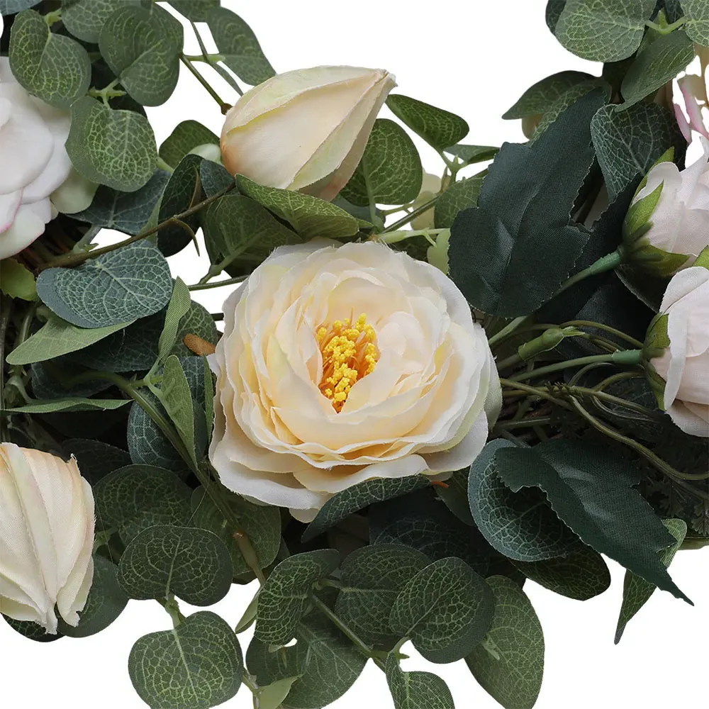 40cm Camellia Eucalyptus Artificial Wreath - White, Green