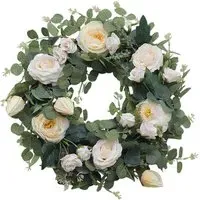 40cm Camellia Eucalyptus Artificial Wreath - White, Green