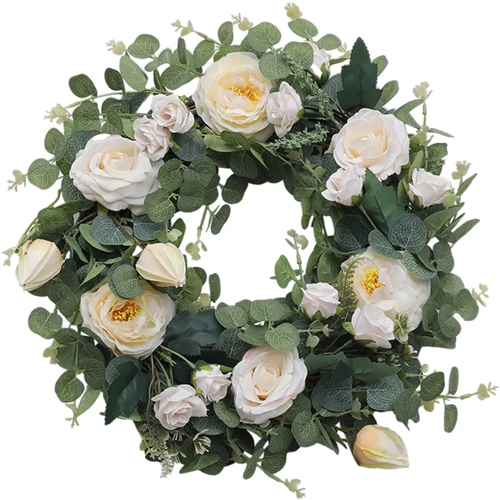 40cm Camellia Eucalyptus Artificial Wreath - White, Green image