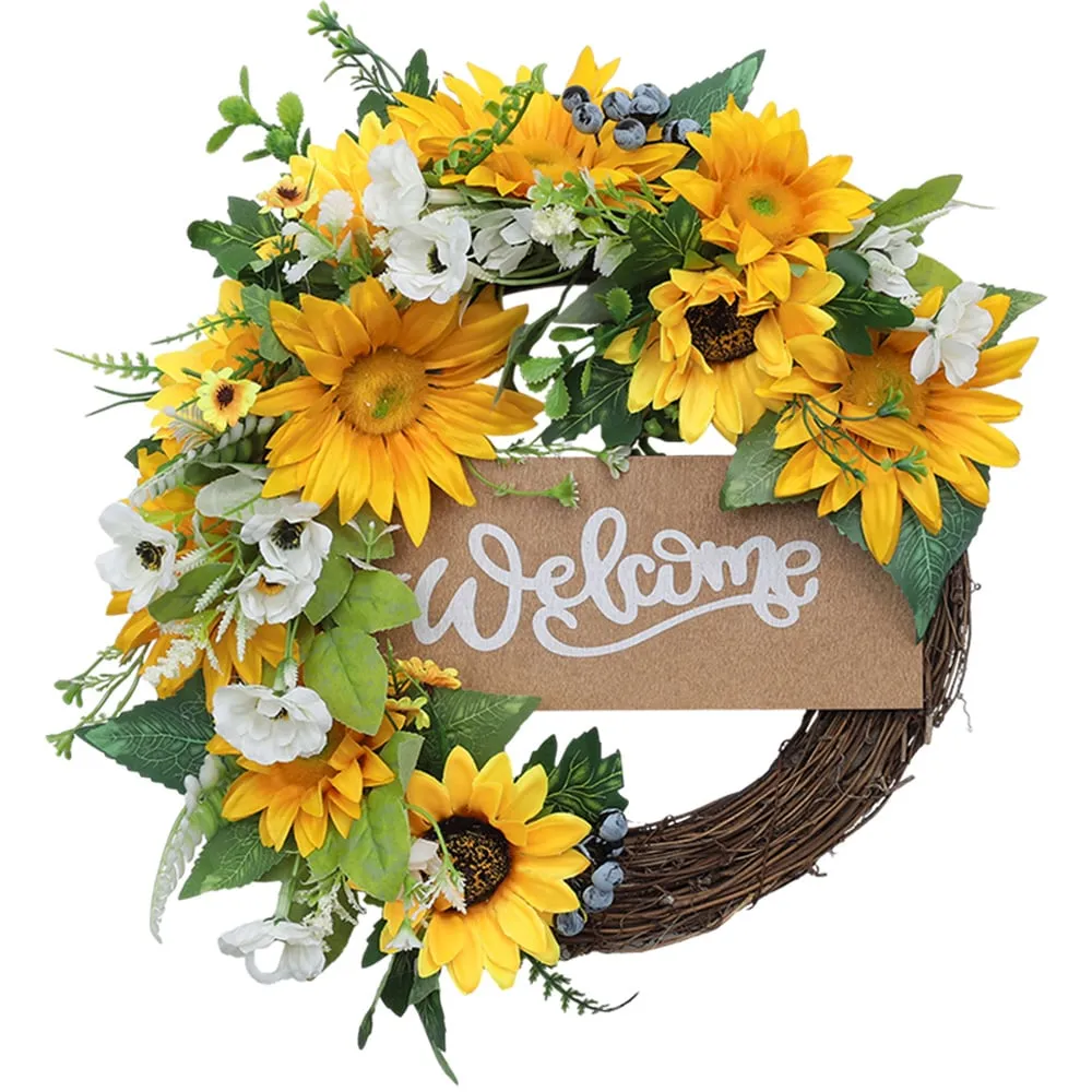 40cm Sunflower Artificial Wreath - White, Yellow image