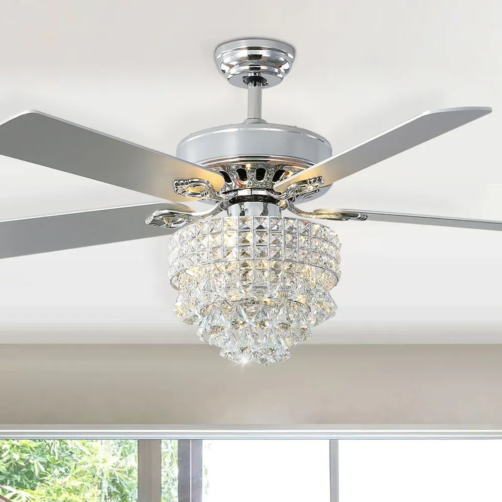 5 Blade Crystal Ceiling Fan Light with Remote - Silver