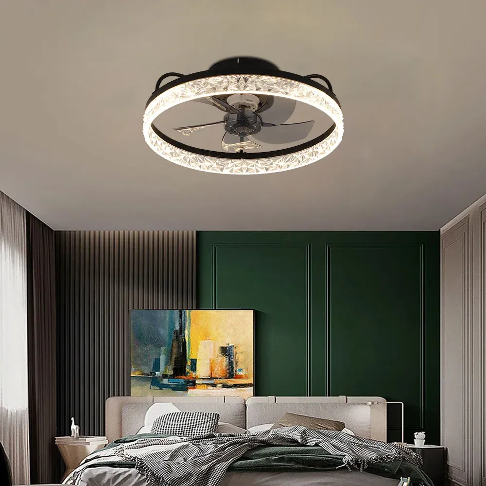 5 Blade Round Crystal Ceiling Fan Light - Black