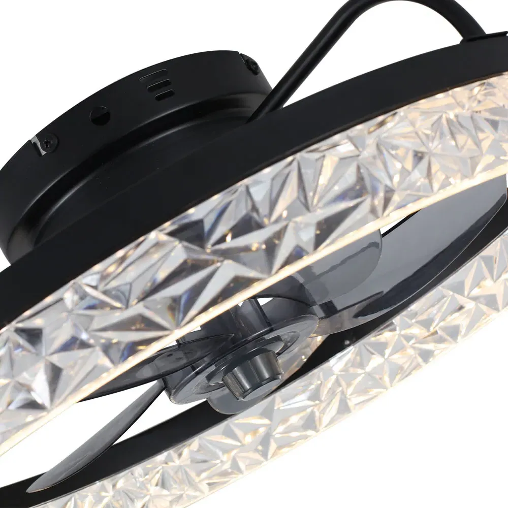 5 Blade Round Crystal Ceiling Fan Light - Black