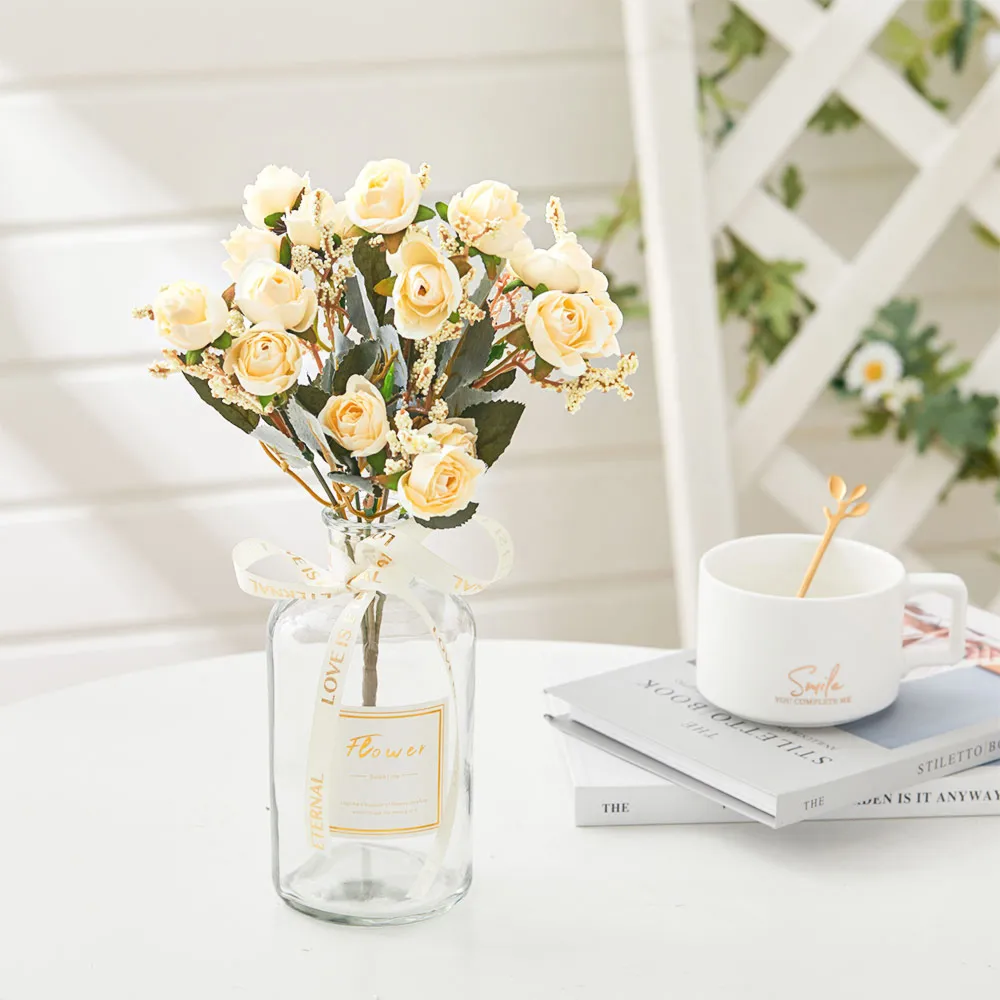 5 Branch Artificial Rose Flowers 29cm - Champagne