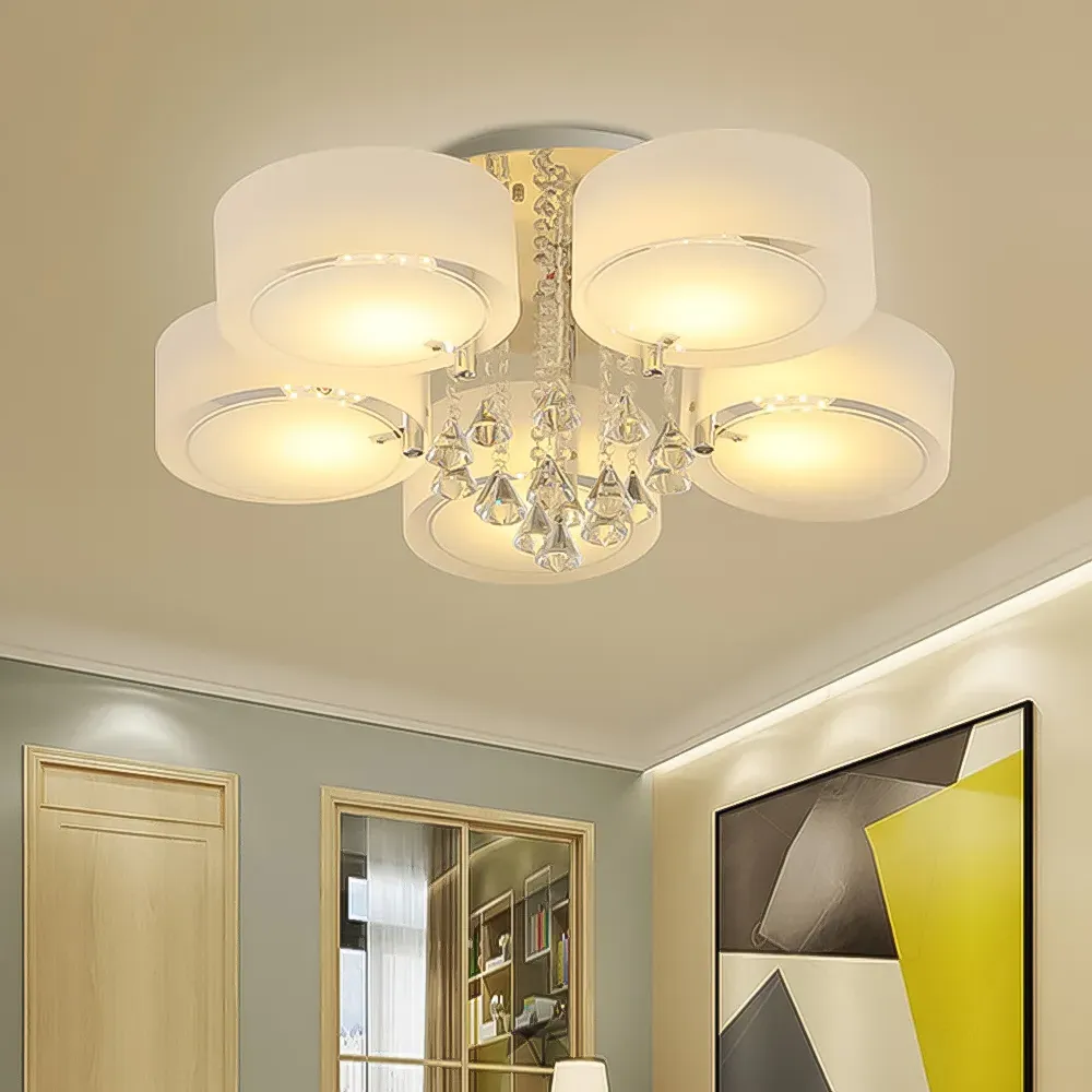5 Light Round LED Ceiling Light with Crystal Accent - White