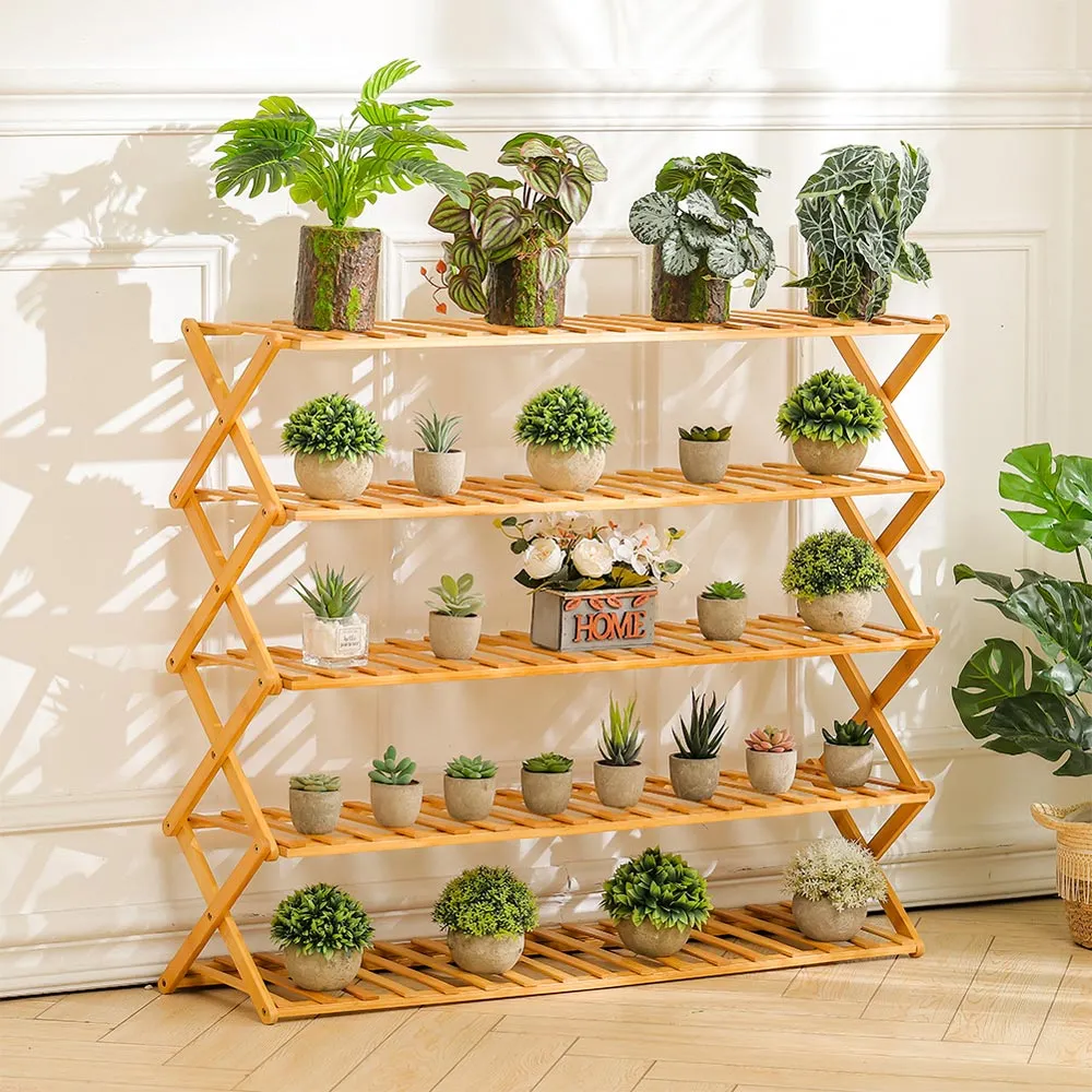 5-Tier Bamboo Plant Stand with Storage - Wood