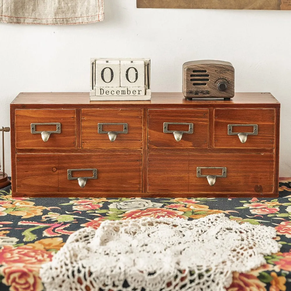 6 Drawer Retro Wooden Desktop Storage Organiser - Brown