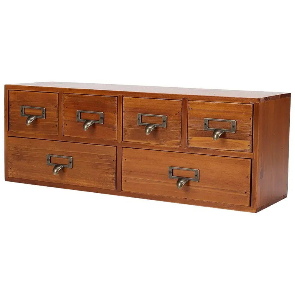 6 Drawer Retro Wooden Desktop Storage Organiser - Brown