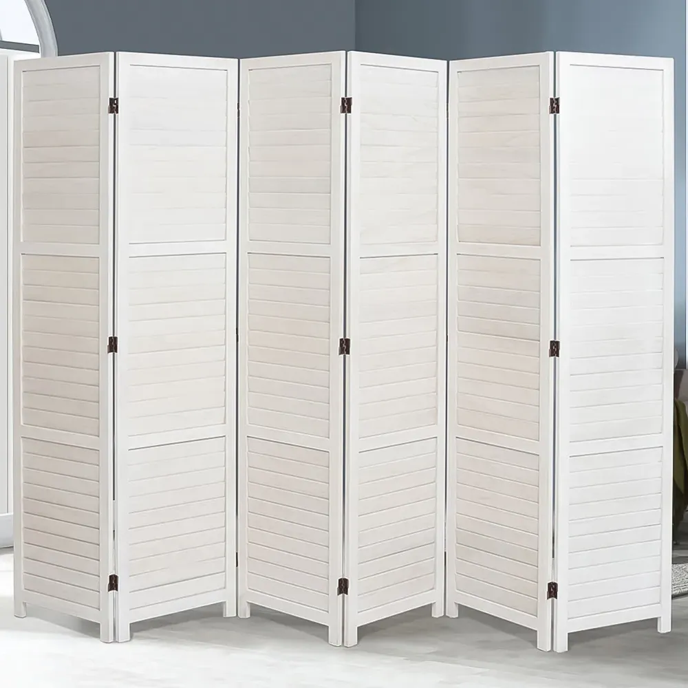 6 Panel Folding Privacy Screen - White, Paulownia Wood