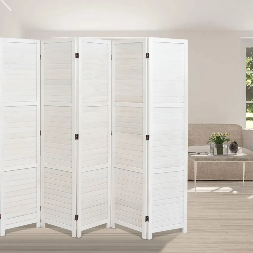 6 Panel Folding Privacy Screen - White, Paulownia Wood