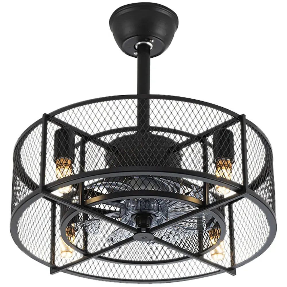 8 Blade Industrial Mesh Ceiling Fan Light 15 inch - Black image
