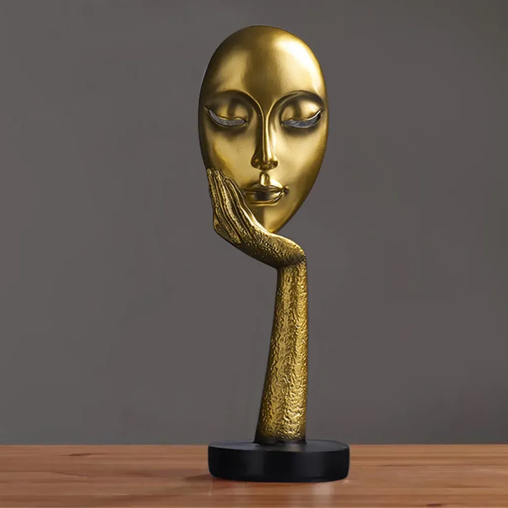 Abstract Resin Woman Face Statue - Gold