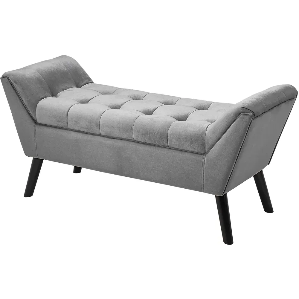 Armed Bench with Button Tufting - Grey, Velvet