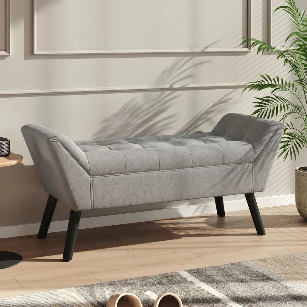 Armed Bench with Button Tufting - Grey, Velvet
