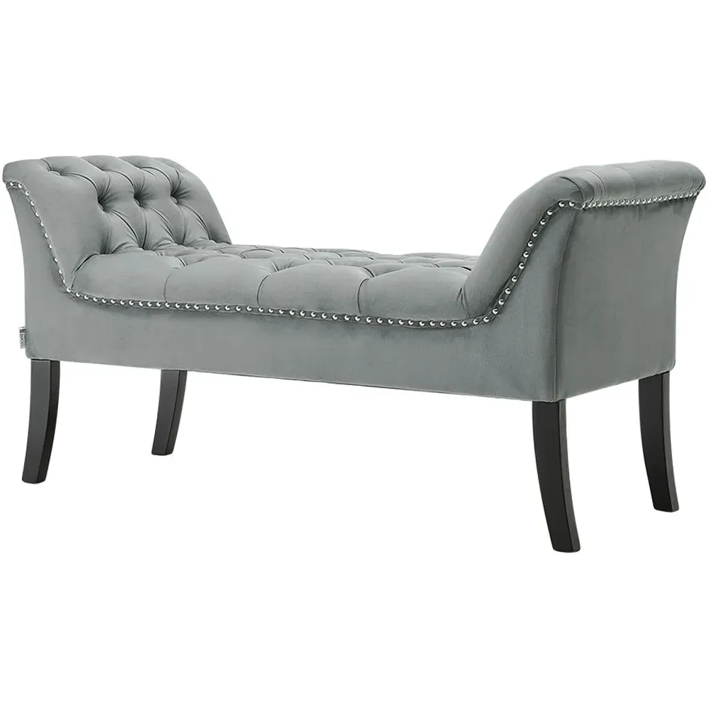 Armed Bench with Button Tufting - Grey, Velvet
