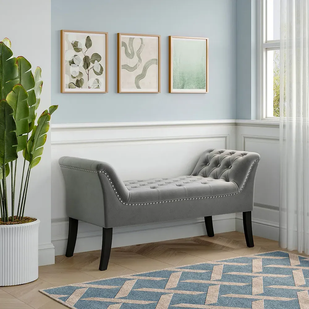 Armed Bench with Button Tufting - Grey, Velvet