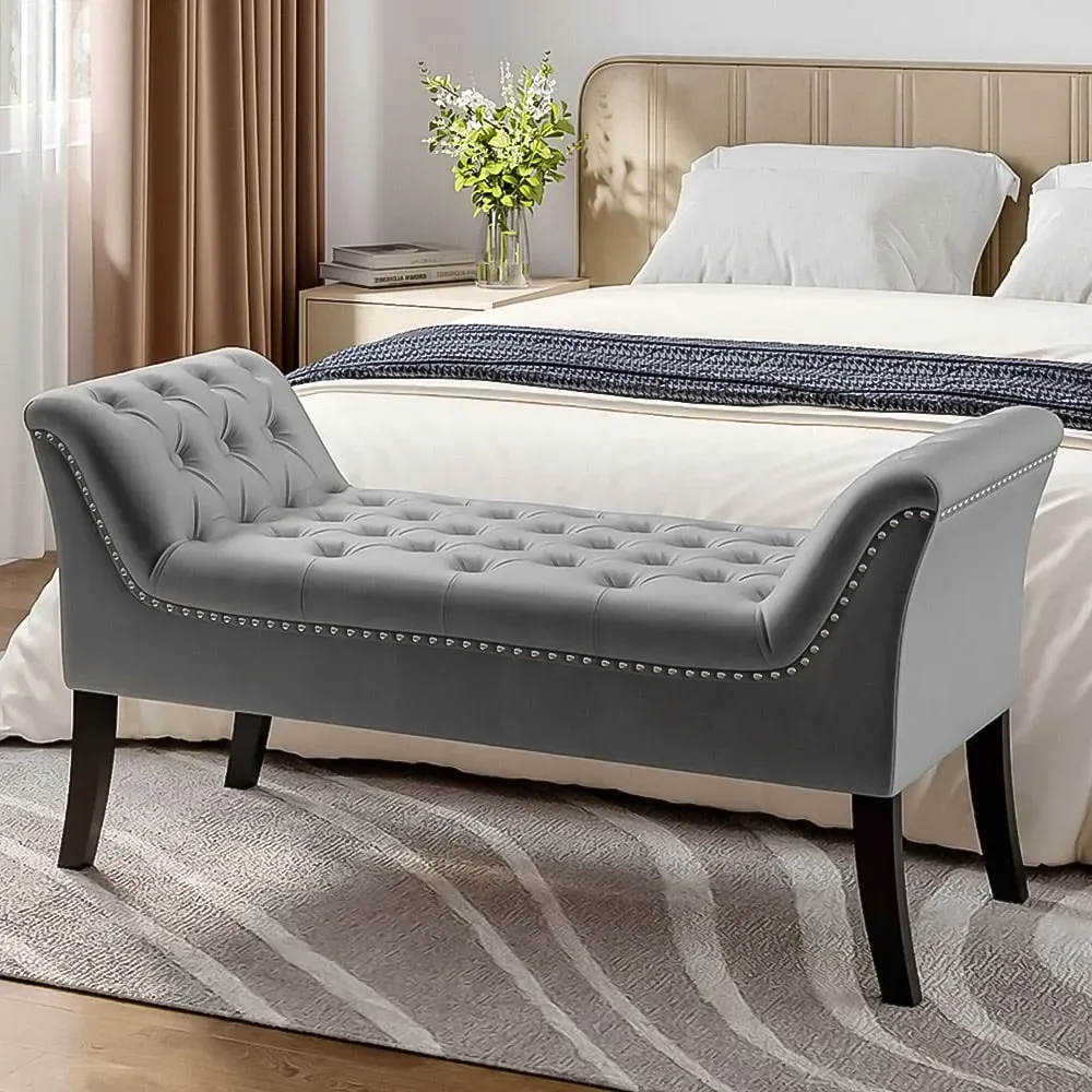 Armed Bench with Button Tufting - Grey, Velvet