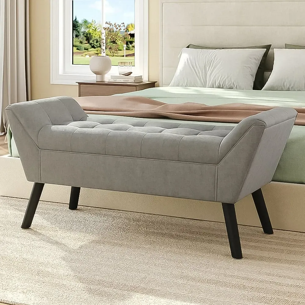 Armed Bench with Button Tufting - Grey, Velvet image