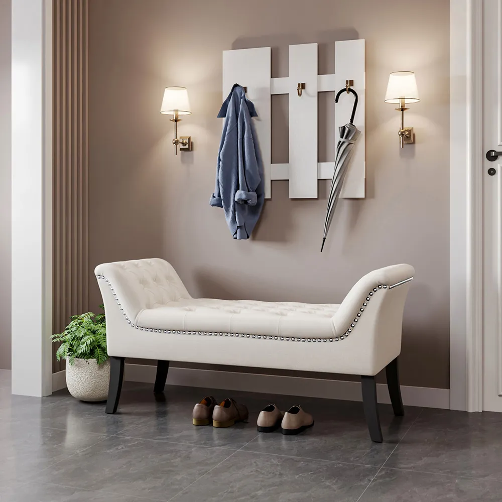 Armed Bench with Button Tufting - White, Velvet