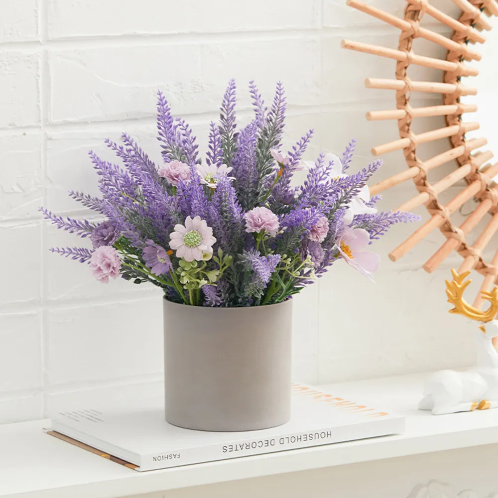 Artificial Lavender Flower in Wood Planter - Purple