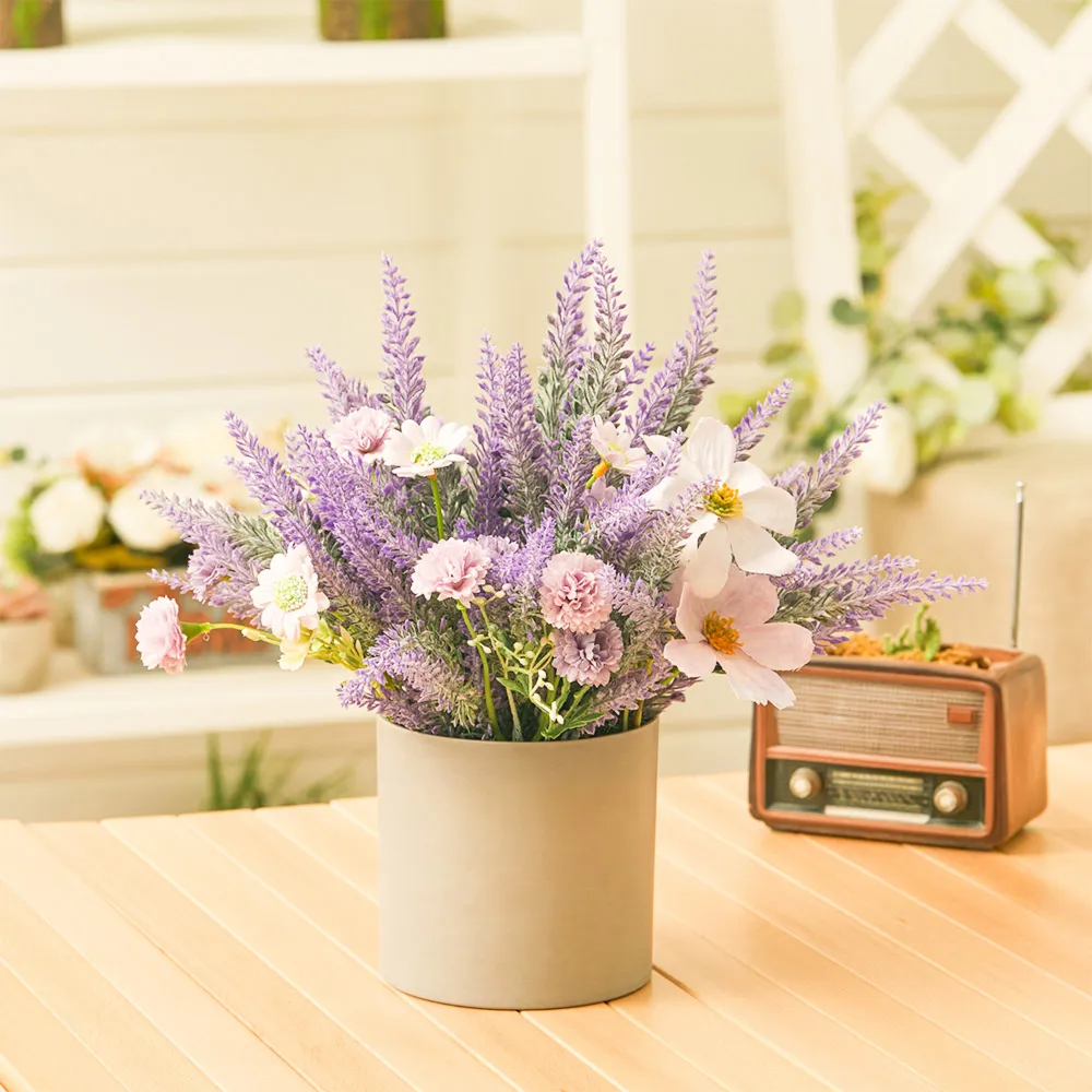 Artificial Lavender Flower in Wood Planter - Purple
