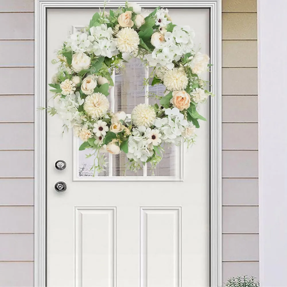 Artificial Mixed Flowers Peony Wreath 38cm - Champagne White