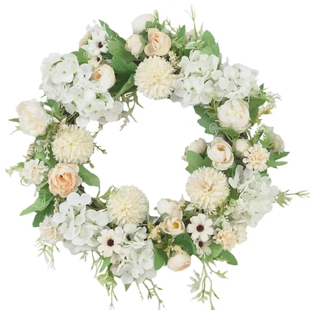 Artificial Mixed Flowers Peony Wreath 38cm - Champagne White