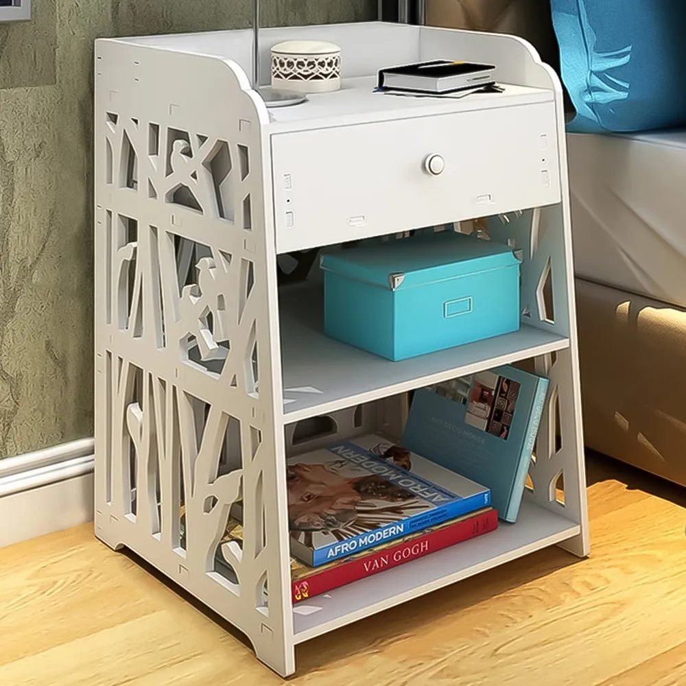 Birdsong Hollow Carved Side Table with Drawer - White image