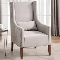 Burlap Studded High Back Armchair with Cushion - Grey