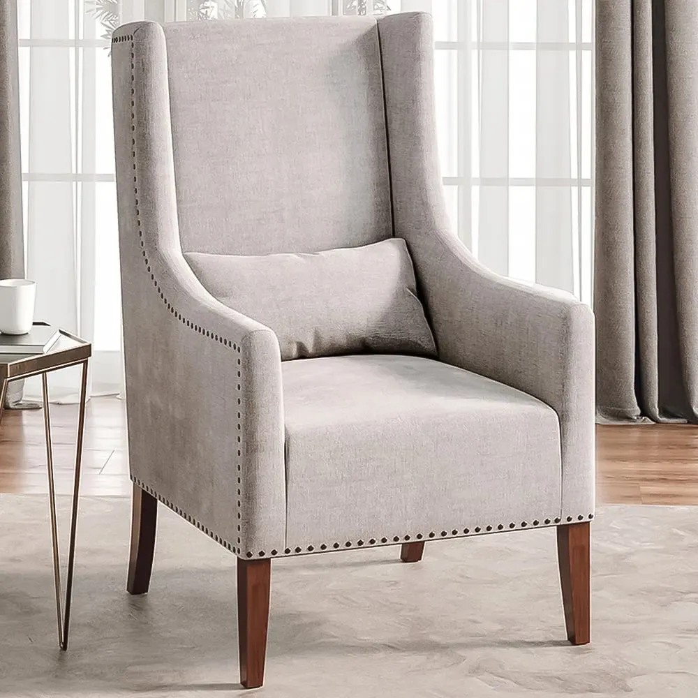 Burlap Studded High Back Armchair with Cushion - Grey