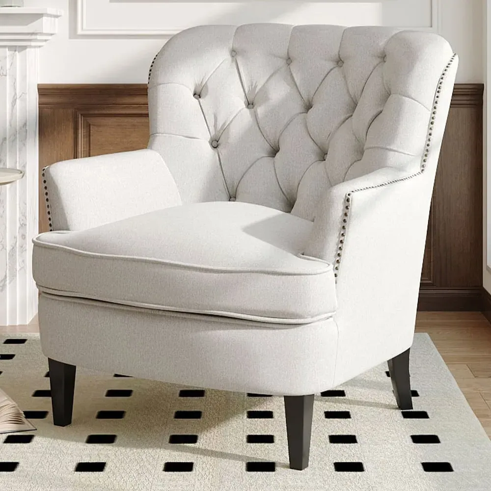 Button Back Linen Armchair - Cream