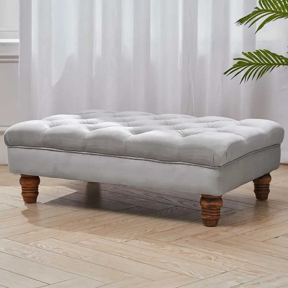 Buttoned Footstool - Grey, Velvet