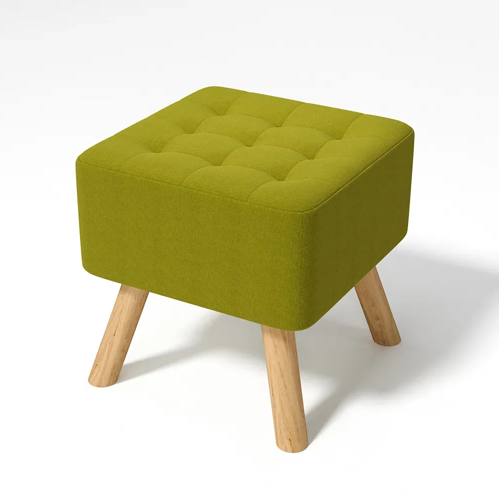 Buttoned Footstool with Wooden Legs - Green, Linen