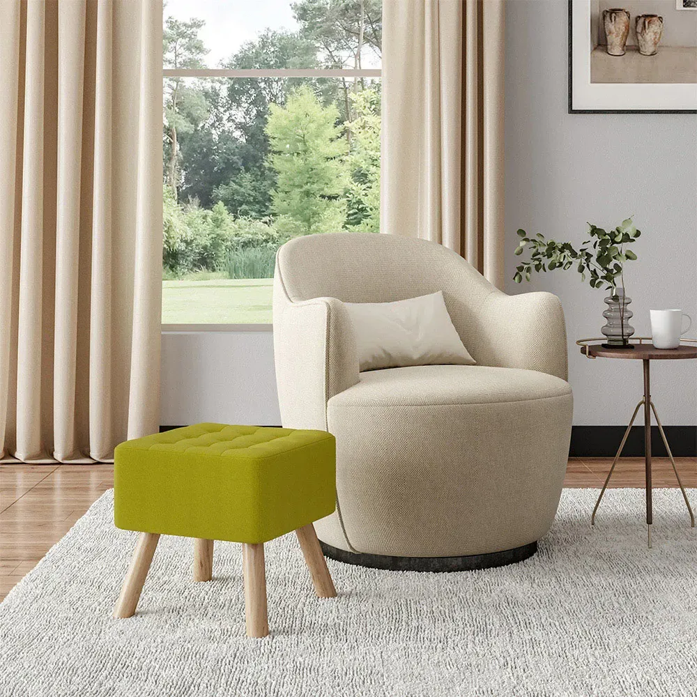 Buttoned Footstool with Wooden Legs - Green, Linen
