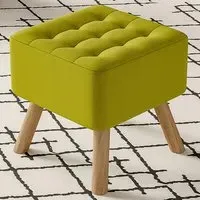 Buttoned Footstool with Wooden Legs - Green, Linen
