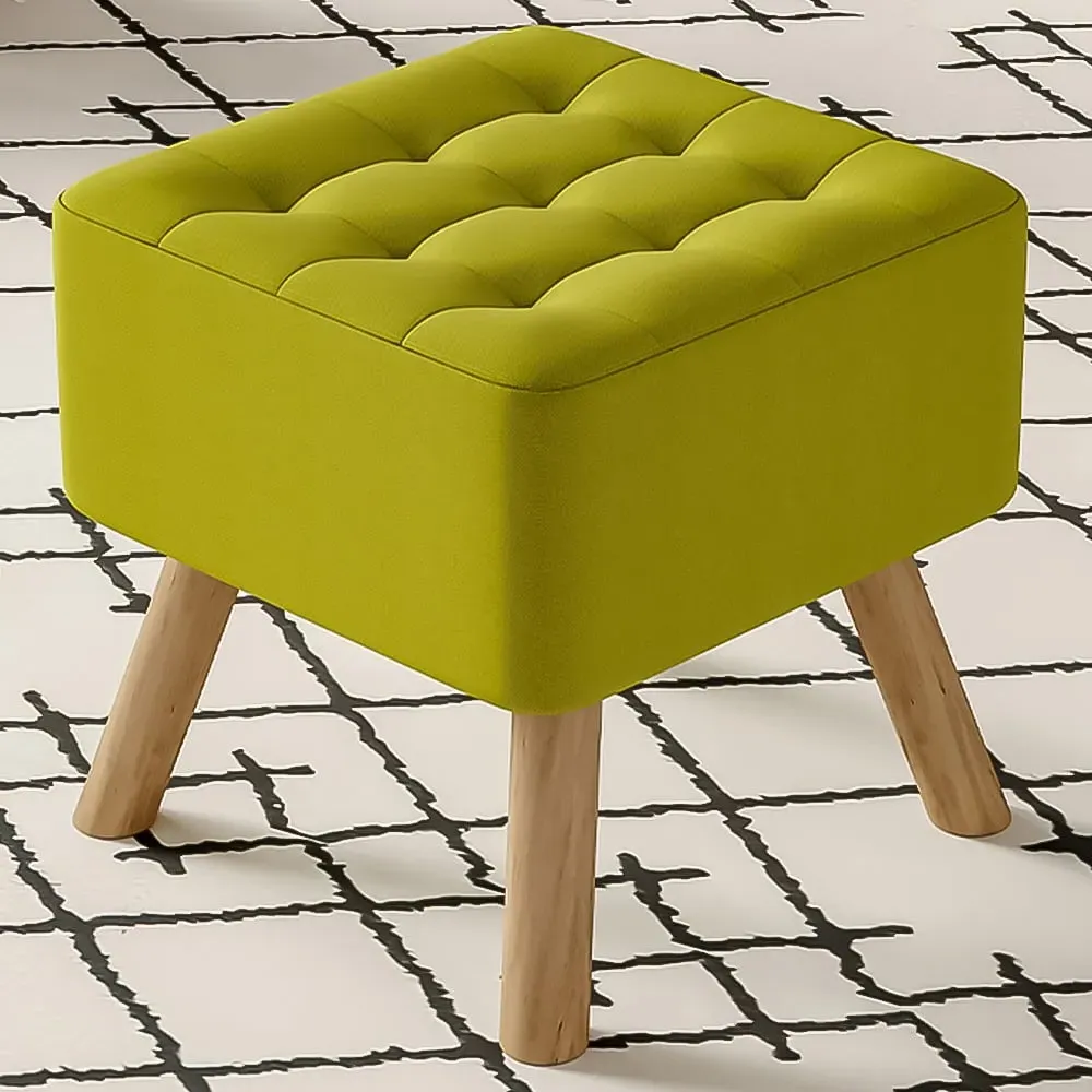 Buttoned Footstool with Wooden Legs - Green, Linen image
