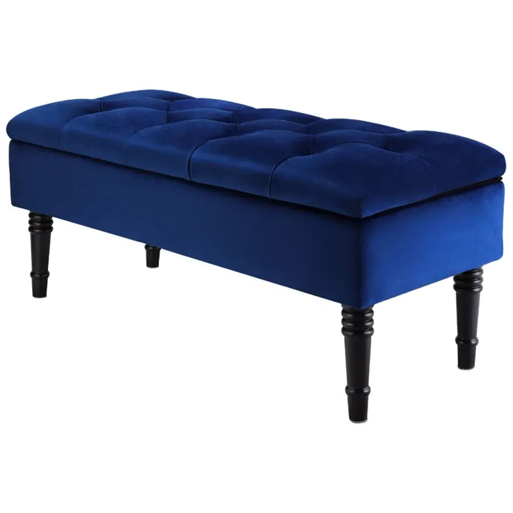 Buttoned Storage Bench - Blue, Velvet