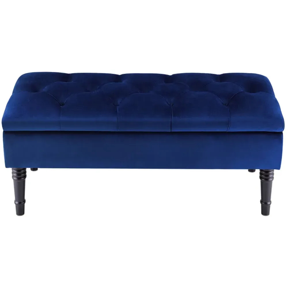 Buttoned Storage Bench - Blue, Velvet