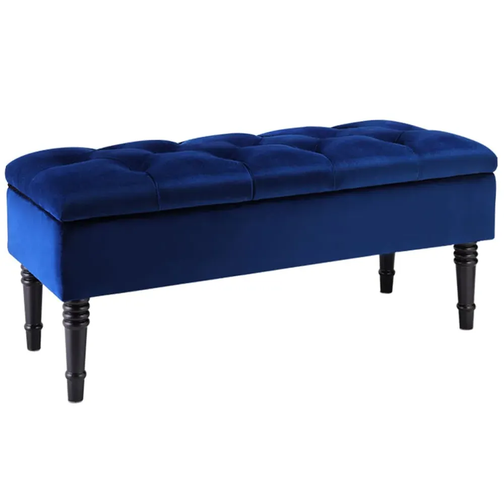 Buttoned Storage Bench - Blue, Velvet