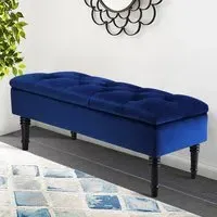 Buttoned Storage Bench - Blue, Velvet