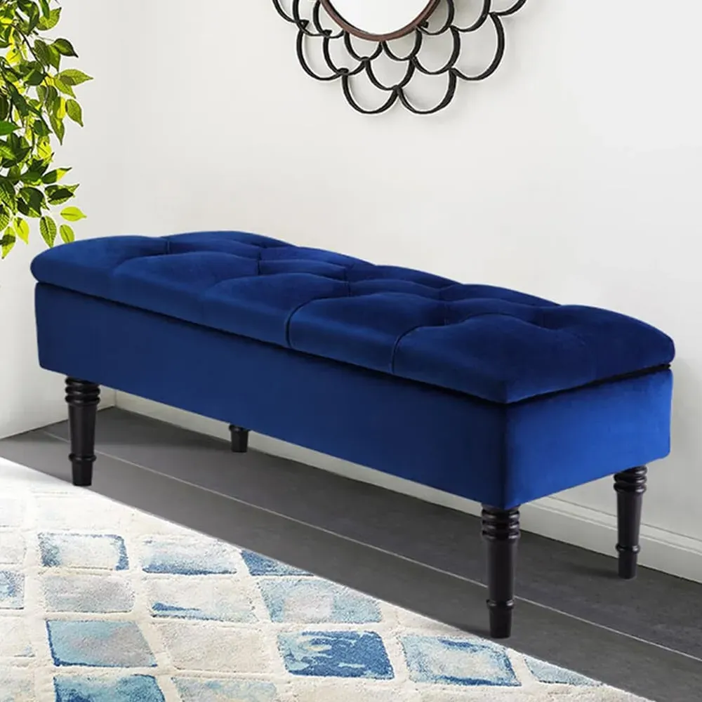 Buttoned Storage Bench - Blue, Velvet image