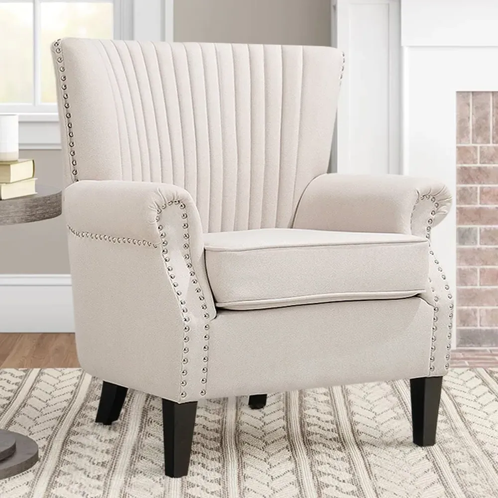 Channel Deep Cushioned Armchair with Nailhead Trim - Beige image